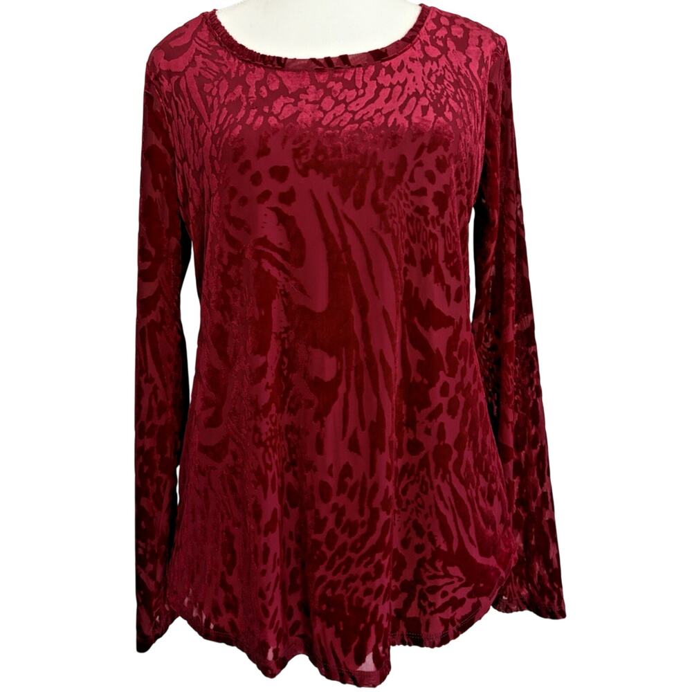 Simply Vera Wang Burnout Velvet Animal Print Top Red Long Sleeves Size M